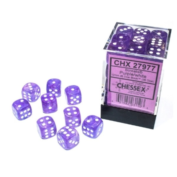 Borealis Purple/white Luminary 12mm d6 Dice Block (36 dice)