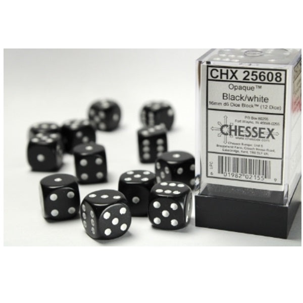 Opaque Black/white 16mm d6 Dice Block (12 dice)