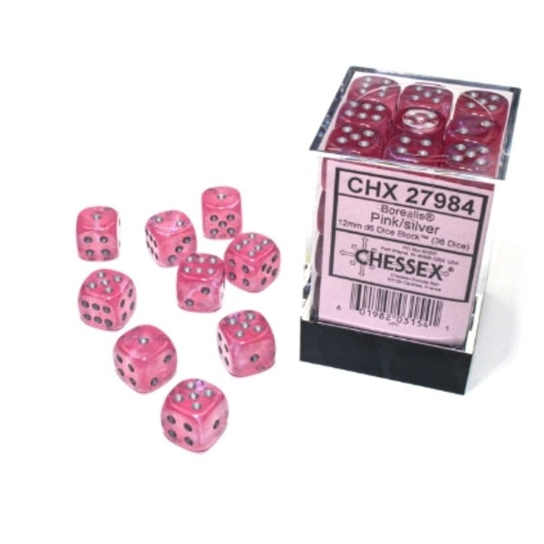 Borealis Pink/silver Luminary 12mm d6 Dice Block (36 dice)
