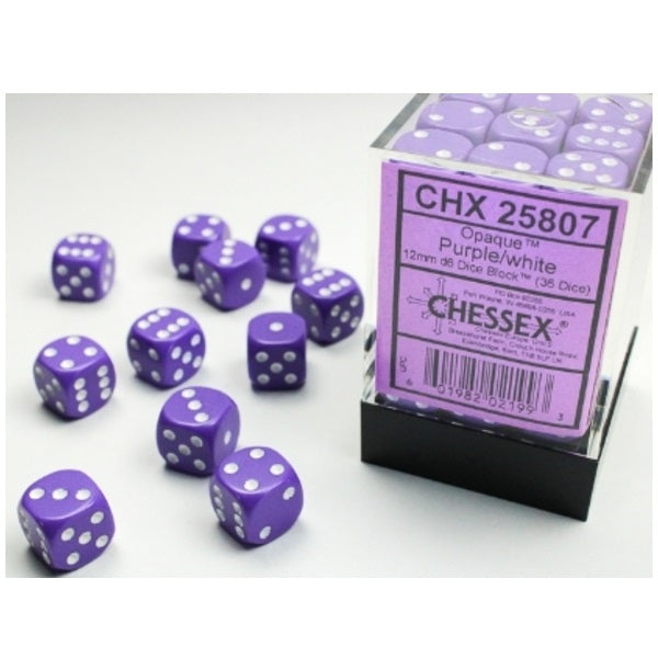 Opaque Purple/white 12mm d6 Dice Block (36 dice)