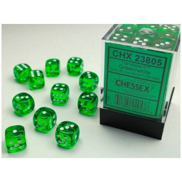 Translucent Green/white 12mm d6 Dice Block (36 dice)