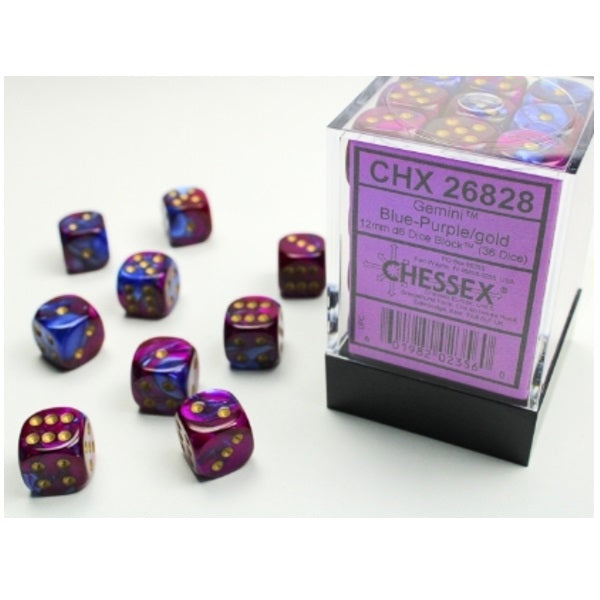 Gemini Blue-Purple/gold 12mm d6 Dice Block (36 dice)