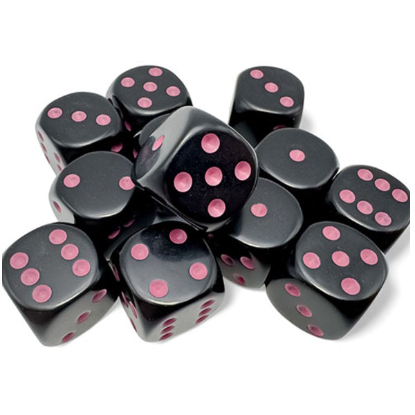 Chessex - Opaque 16mm D6 Dice Block - Black/Pink (12 dice)