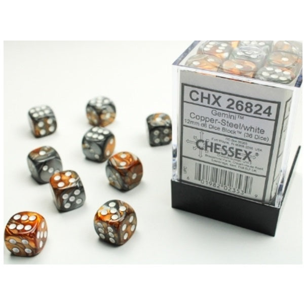 Gemini Copper-Steel/white 12mm d6 Dice Block (36 dice)