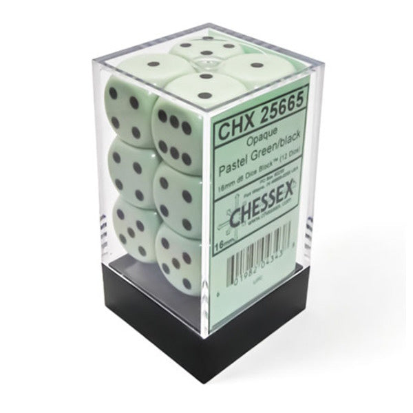 Opaque Pastel 16mm D6 Dice Block - Green/Black (12 dice)