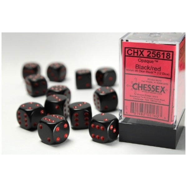 Opaque Black/red 16mm d6 Dice Block (12 dice)