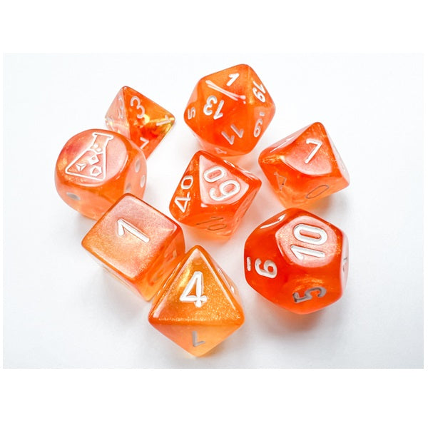 Borealis Polyhedral Blood Orange/white Luminary™ 7-Die Set (with bonus die)