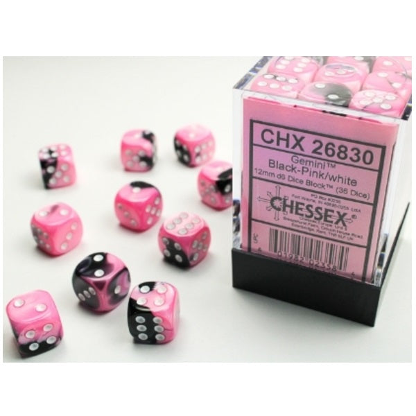 Gemini Black-Pink/white 12mm d6 Dice Block (36 dice)