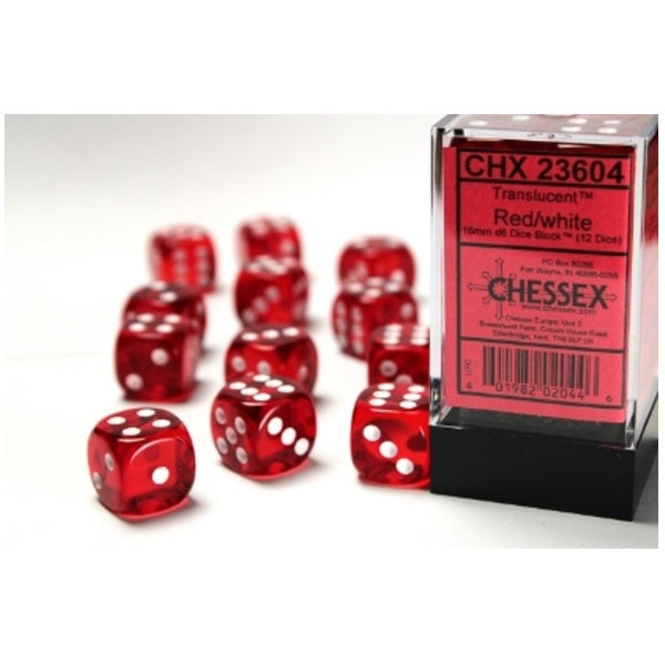 Translucent Red/white 16mm d6 Dice Block (12 dice)