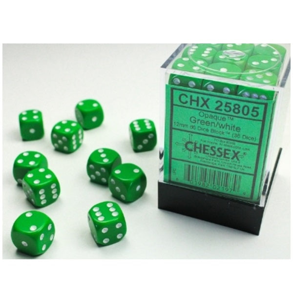 Opaque Green/white 12mm d6 Dice Block (36 dice)