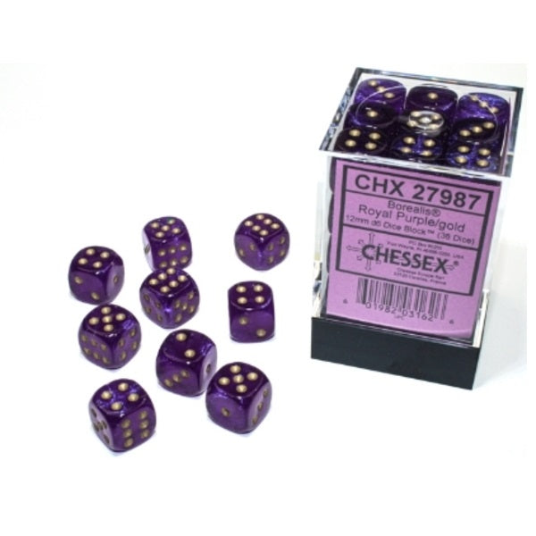 Borealis Royal Purple/gold Luminary 12mm d6 Dice Block (36 dice)