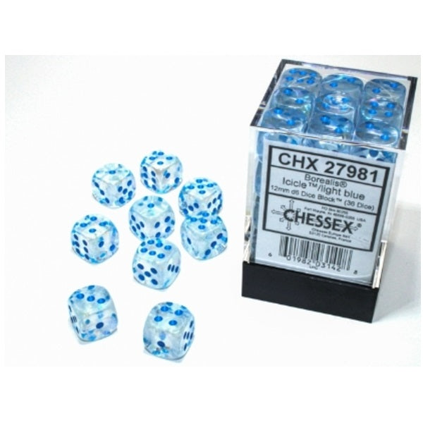 Borealis Icicle/light blue Luminary 12mm d6 Dice Block (36 dice)