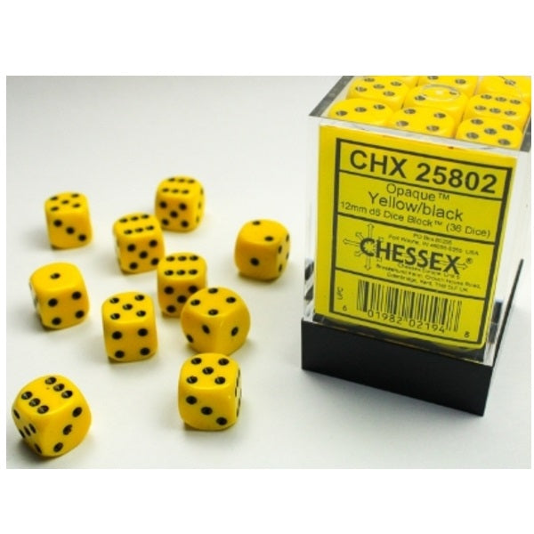 Opaque Yellow/black 12mm d6 Dice Block (36 dice)