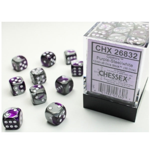 Gemini Purple-Steel/white 12mm d6 Dice Block (36 dice)