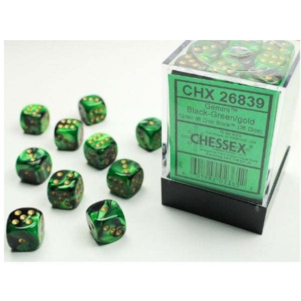 Gemini Black-Green/gold 12mm d6 Dice Block (36 dice)