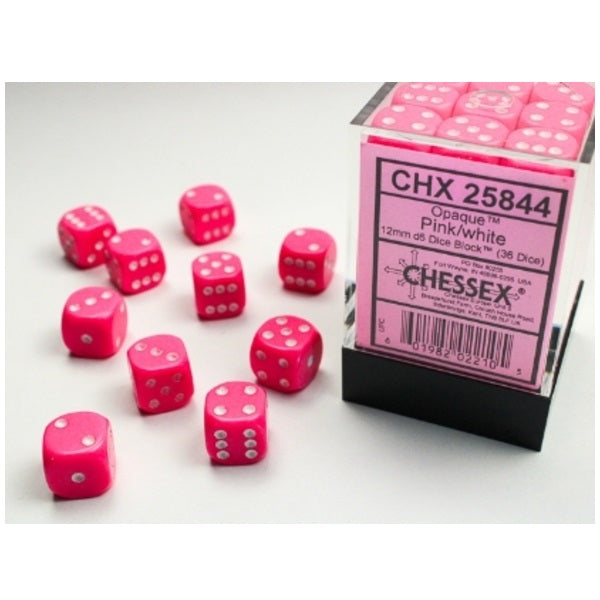 Opaque Pink/white 12mm d6 Dice Block (36 dice)