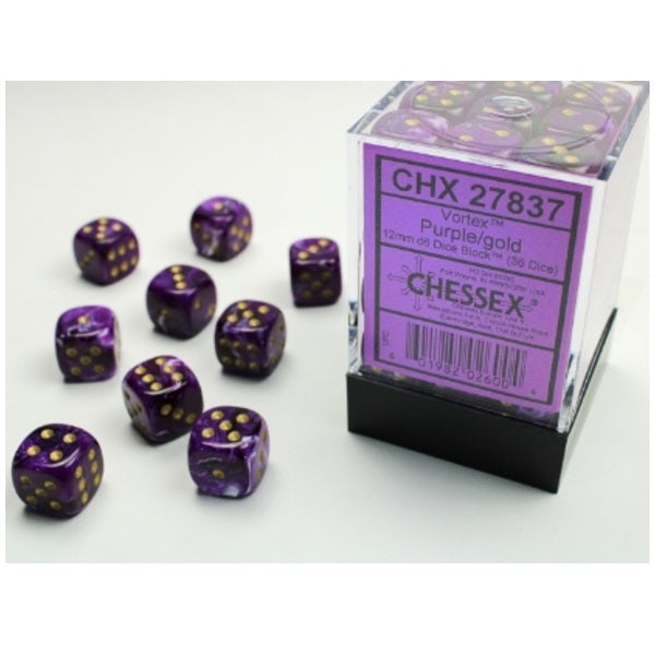 Vortex Purple/gold 12mm d6 Dice Block (36 dice)