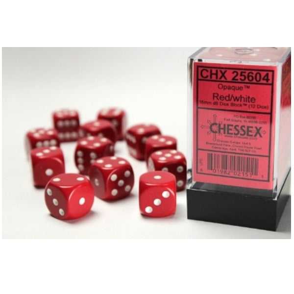 Opaque Red/white 16mm d6 Dice Block (12 dice)