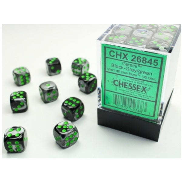 Gemini Black-Grey/green 12mm d6 Dice Block (36 dice)