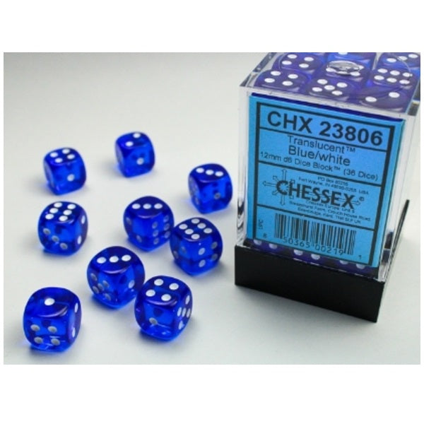 Translucent Blue/white 12mm d6 Dice Block (36 dice)