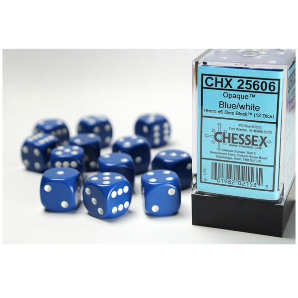 Opaque Blue/white 16mm d6 Dice Block (12 dice)